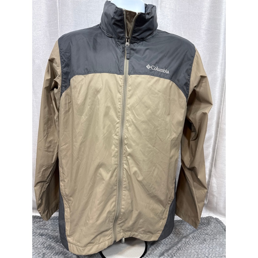 Columbia Mens Packable Rain Jacket Tan Grey Full Zip Stow Hood Small RM2015